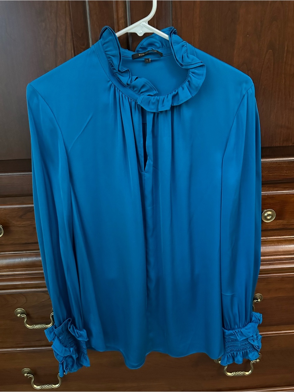 NWOT Kobi Halperin Teal Ruffle-Neck Long-Sleeve Blouse